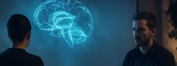 Homme assis dans un fauteuil qui échange avec une psychologue prenant des notes dans un cabinet lumineux